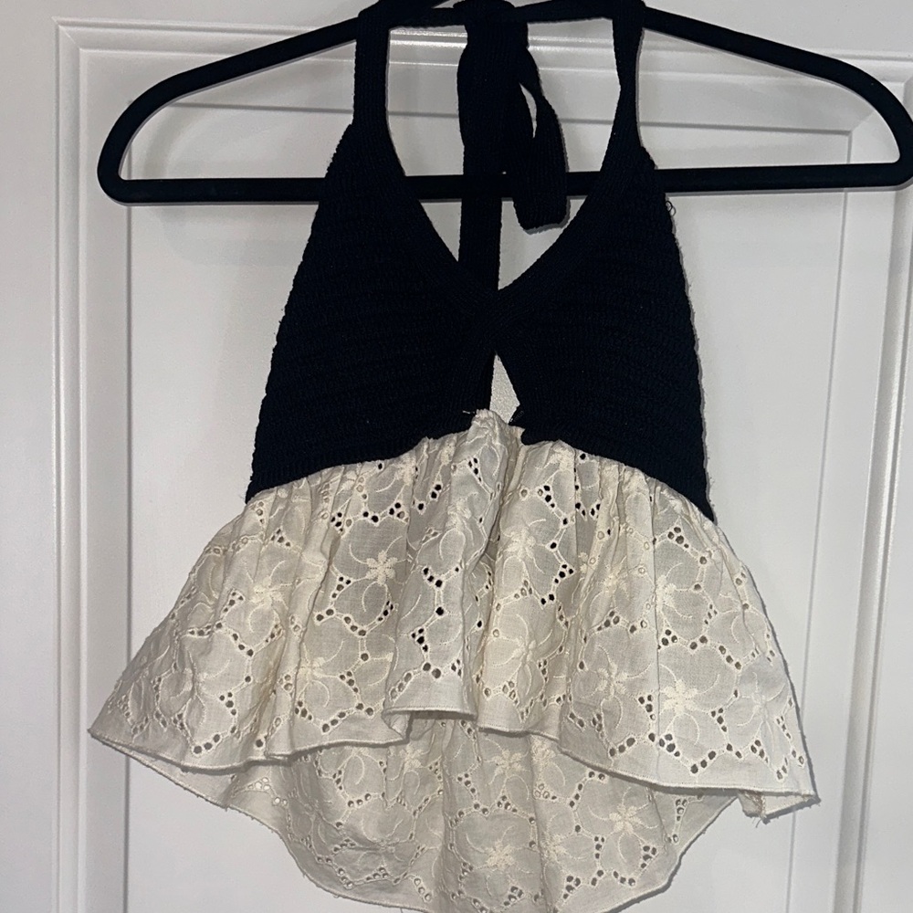 Zara Black and Cream Lace Halter Blouse